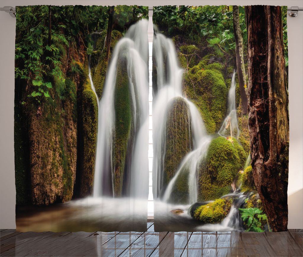 ABAKUHAUS Wasserfall Rustikaler Gardine, Wasserfall Wald Cascade, Schlafzimmer Kräuselband Vorhang mit Schlaufen und Haken, 280 x 245 cm, Weiß Grün