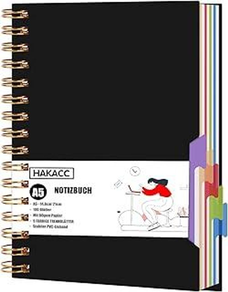 HAKACC Projekt Notizbuch, Spiralblock mit 5 Trennwände A5 Notizblock für Studenten Büro Schreiben Planer Schwarzes