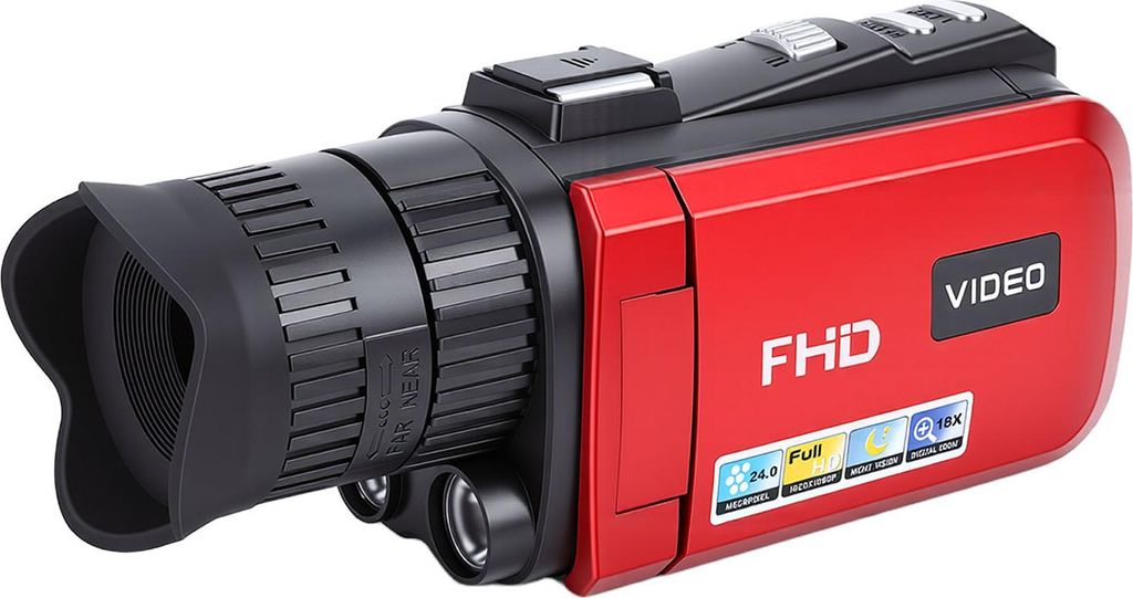 FHD 24 MP 1080P Camcorder 18-facher Zoom Anti-Verwacklungs-Digitalvideokamera mit 3,0 Zoll 270° drehbarem Farbbildschirm Kompass Rot