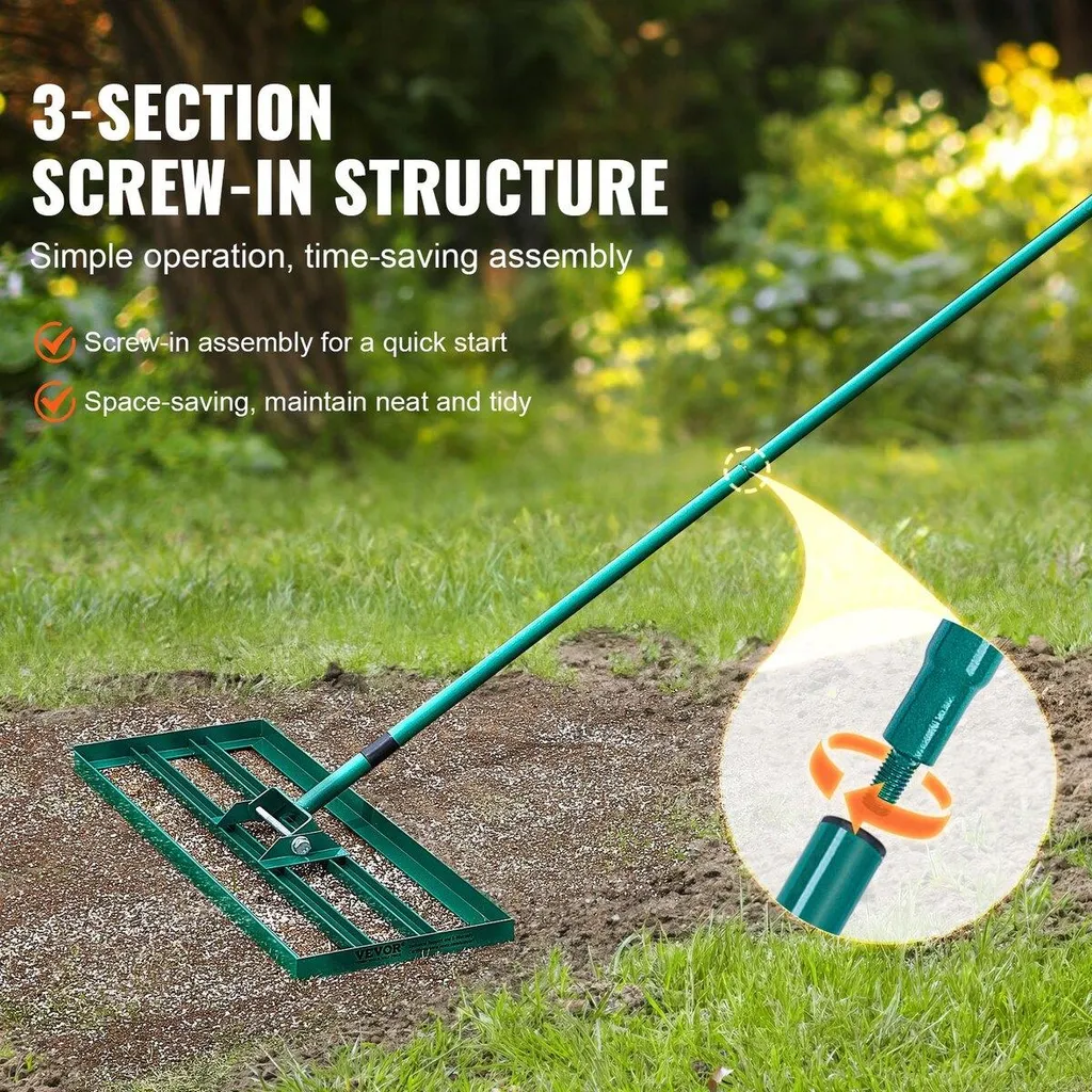 Rastrello livellatore per prato, 91,4 x 25,4 cm Attrezzo livellatore per prato, livellatore per prato resistente con manico allungato in acciaio da 198,1 cm, rastrello livellatore per giardino, prato da golf, fattoria - 4