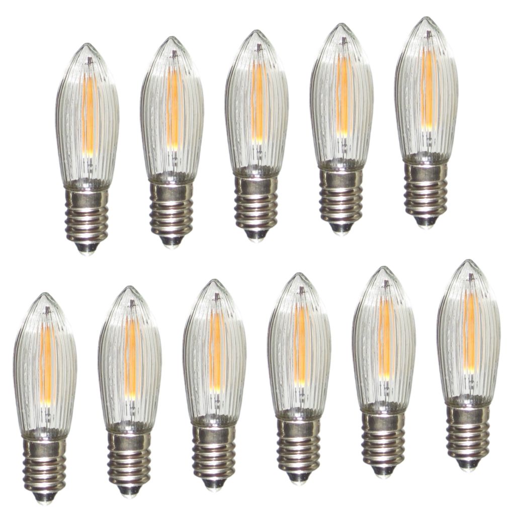 Erzgebirgslicht - AUSWAHL - 11 Stück LED Filament Topkerze 14-55 V 0,1 W für INNEN, für 4-16 Brennstellen E10 Riffelkerze Ersatzbirne Glühbirne...
