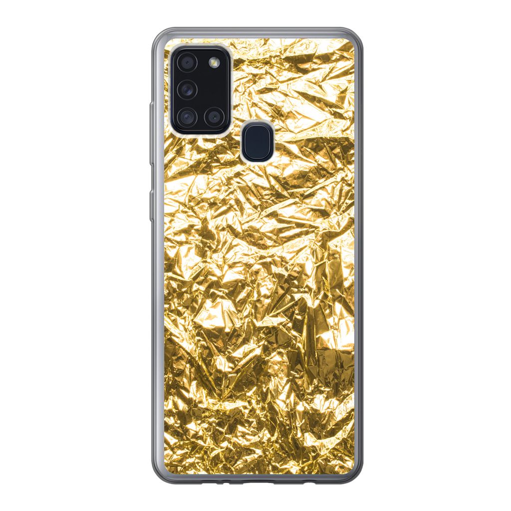 MuchoWow Handyhülle Schutzhülle Hülle für Samsung Galaxy A21s Goldfolie mit faltiger Textur Silikon Softcase Handy Hülle - Hartschale