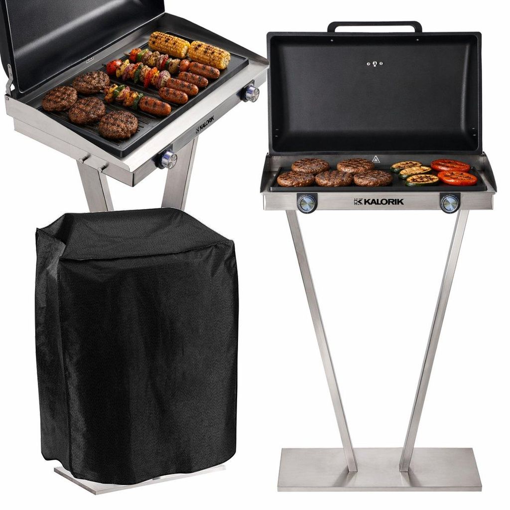 KALORIK Elektrogrill inkl. Abdeckung Edelstahl Gartengrill Barbecue-Grill Standgrill 2500W – XXL-Grillplatte 2 Zonen 58 cm IPX4