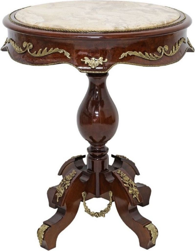 Casa Padrino Barock Beistelltisch Dunkelbraun / Messing / Creme - Antik Stil Massivholz Tisch mit runder Marmorplatte - Barock Wohnzimmer Möbel