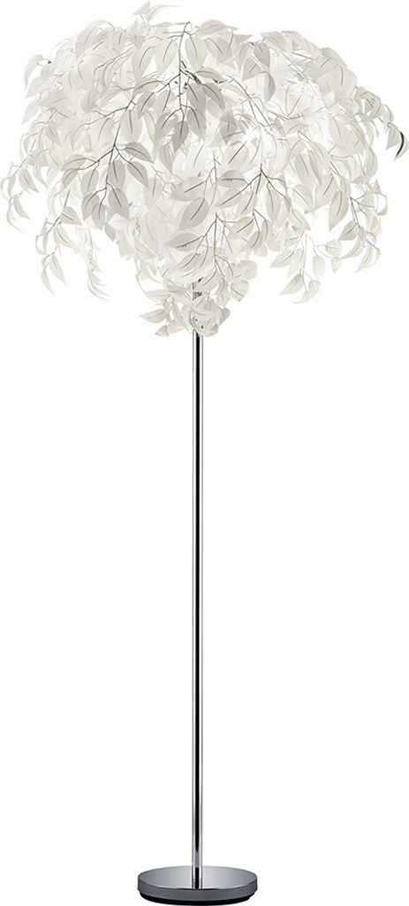 A white floor lamp with a chrome stem and base, resembling a tree with white leaves.