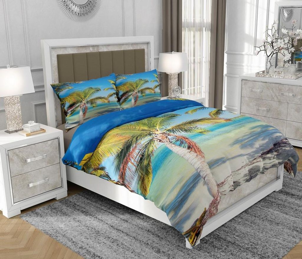 Bettwäsche 140x200 cm + 2x70x80 cm, 3-teilig, 100% Baumwolle, Satin, Reißverschluss, Strand, Bunt - SOVIO | So.0117