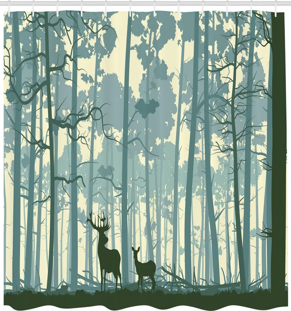 Tenda da Doccia 175x200 cm ABAKUHAUS Cervo e Foresta - Tessuto Lavabile - 2