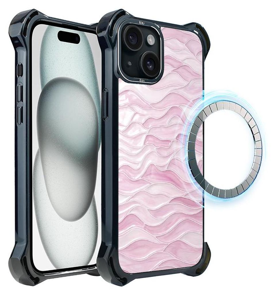 Schutzhülle für das iPhone 15, MagSafe-kompatibel, verstärkte Ecken, schwarz, rosa Wellen