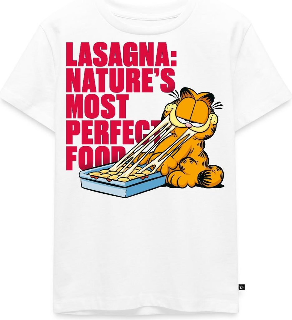 Spreadshirt Garfield Lasagne Das Perfekte Essen Kinder Premium T-Shirt, 98/104 (2 Jahre), Weiß