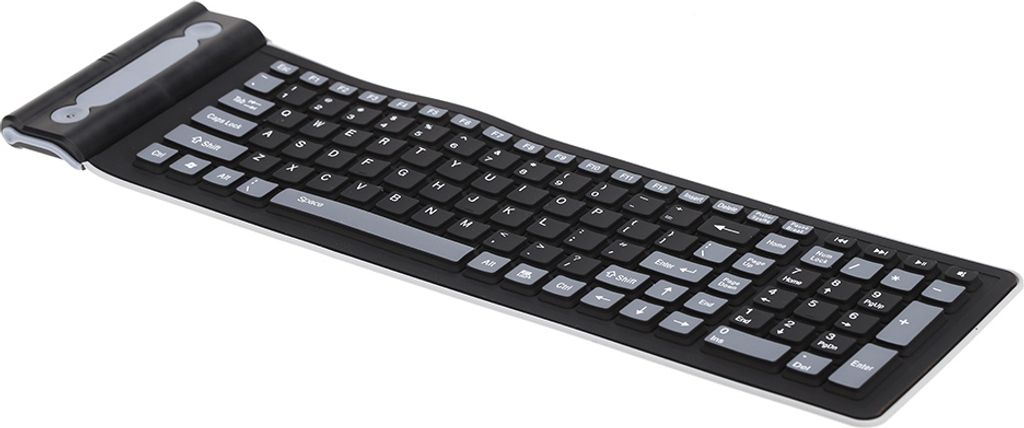 A black and gray flexible keyboard is shown from a slightly elevated side angle against a white background.