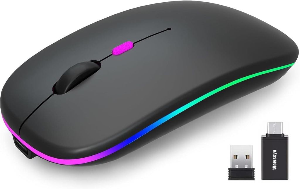 Maus Kabellos, 2,4 GHz-USB funkmaus, Bluetooth Maus, 1600 DPI Optical Tracking, Wiederaufladbare LED-Dual-Modus für Laptop, PC, iOS, Android