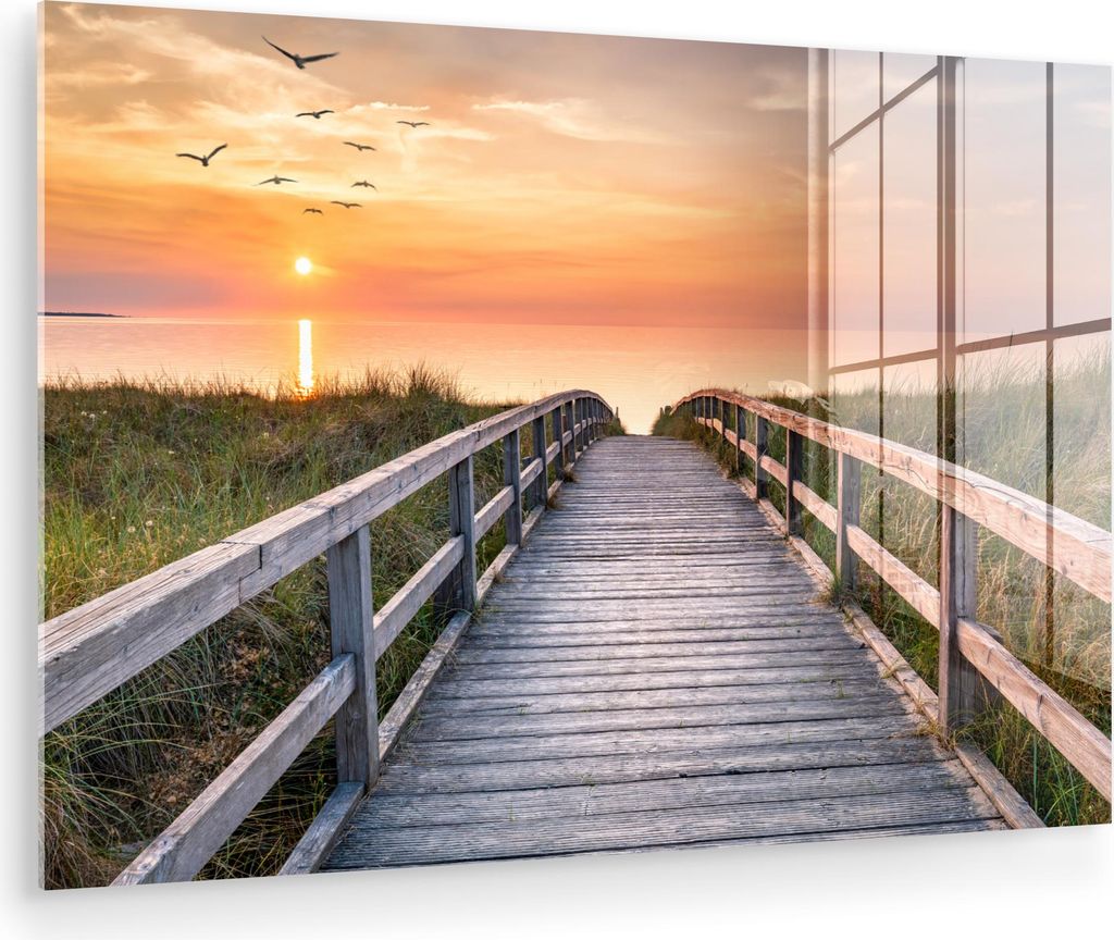 MuchoWow Glasbilder - Bilder auf Wandbild - Foto auf Glas Sonnenuntergang - Meer - Weg - Gras - Düne - Vögel 30x20 cm Wanddekoration aus Glas - A...