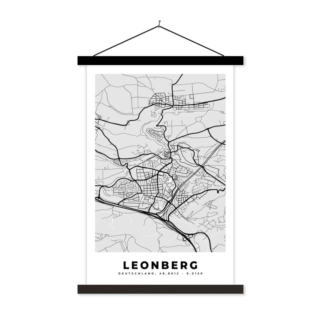 MuchoWow Textilposter Karte - Deutschland - Leonberg - Stadtplan 120x180 cm mit schwarzem Rahmen - Fotos