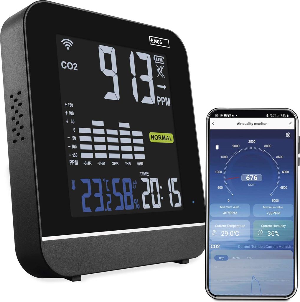 EMOS GoSmart - Smart Home Luftqualitätsmonitor mit App, WiFi, Farbdisplay - CO2 Messgerät und Thermometer, TUYA, SmartLife kompatibel, schwarz, E...