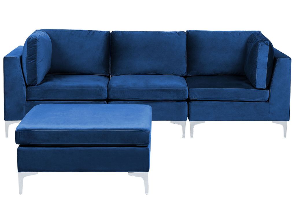 BELIANI Sofa mit Ottomane Blau Polsterbezug aus Samtstoff 3-Sitzer Modulsofa mit Metallgestell Wohnzimmermöbel Wohnzimmer Salon Wohnecke Sitzecke