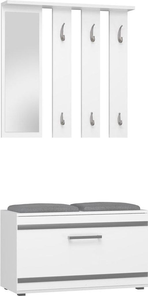 Opal-Kleiderschrank mit Spiegel, Schuhschrank und Sitz – praktischer Kleiderbügel | Farbe: Mattweiß