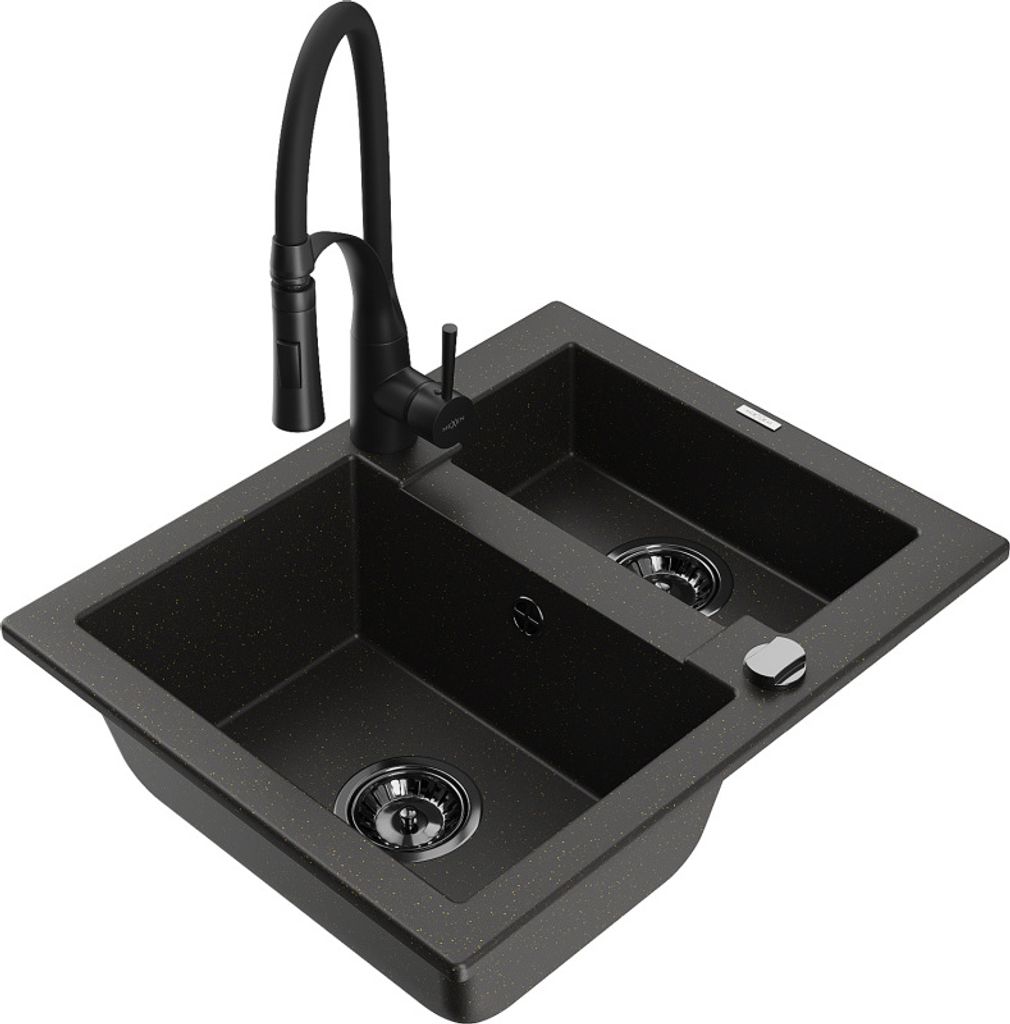 Mexen Carlos 1-Becken-Granit-Spüle mit Mischbatterie Aster, Schwarz/Gold metallisch - 6518-75-73450-70-B