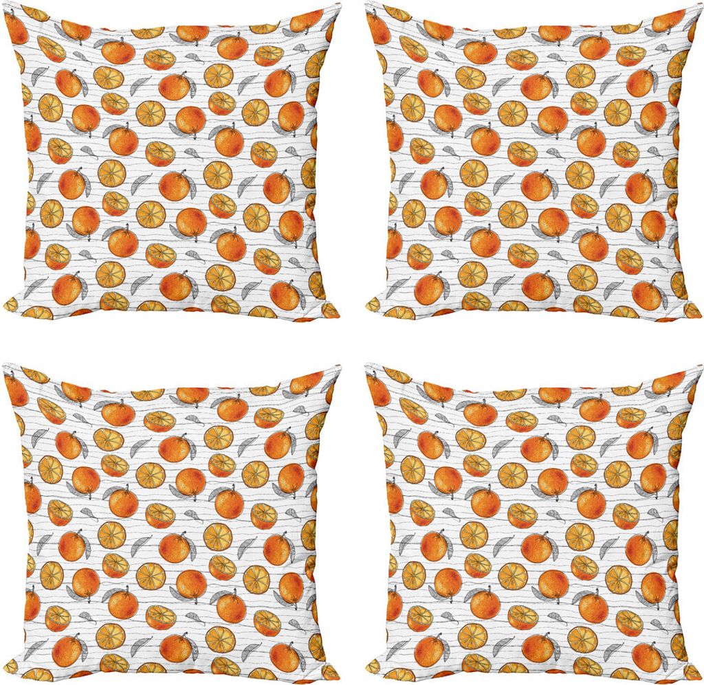 ABAKUHAUS Mandarine Kissenbezug Set (4 Stück), Sketch-Linien und Orangen, Moderner Doppelseitiger Digitaldruck, 40 cm x 40 cm, Grau Dark Orange