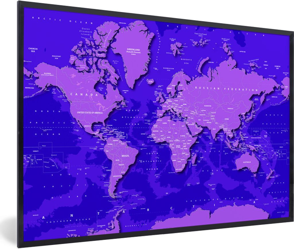MuchoWow Gerahmtes Poster Weltkarte - Stabil - Lila 30x20 cm - Poster mit Schwarzem Bilderrahmen Wandposter Rahmen Foto Bilder - Kunstdruck - Bil...