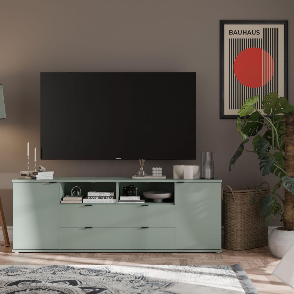 Forte GANYMEDE TV-Schrank 180, minimalistisches Lowboard, 2-türig, 2 Schubladen, offenes Fach, Holzwerkstoff, Wohnzimmer, Salbei, 179,5 cm breit x...