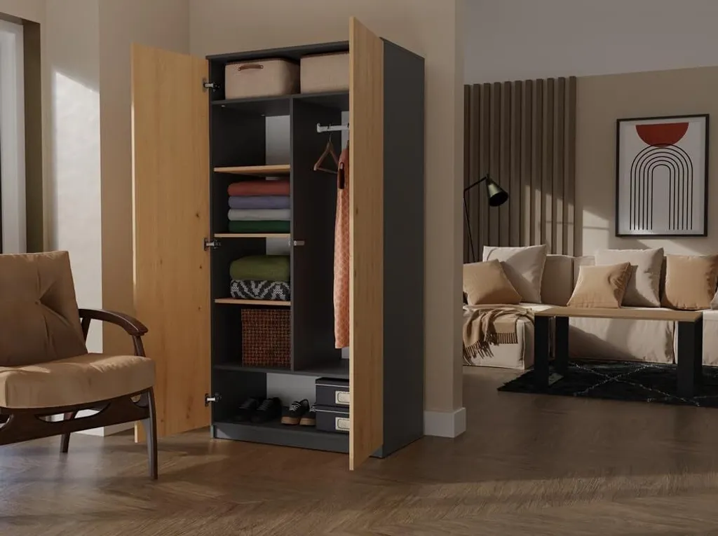 Armoire bicolore anthracite et chêne 6 tablettes modulables
