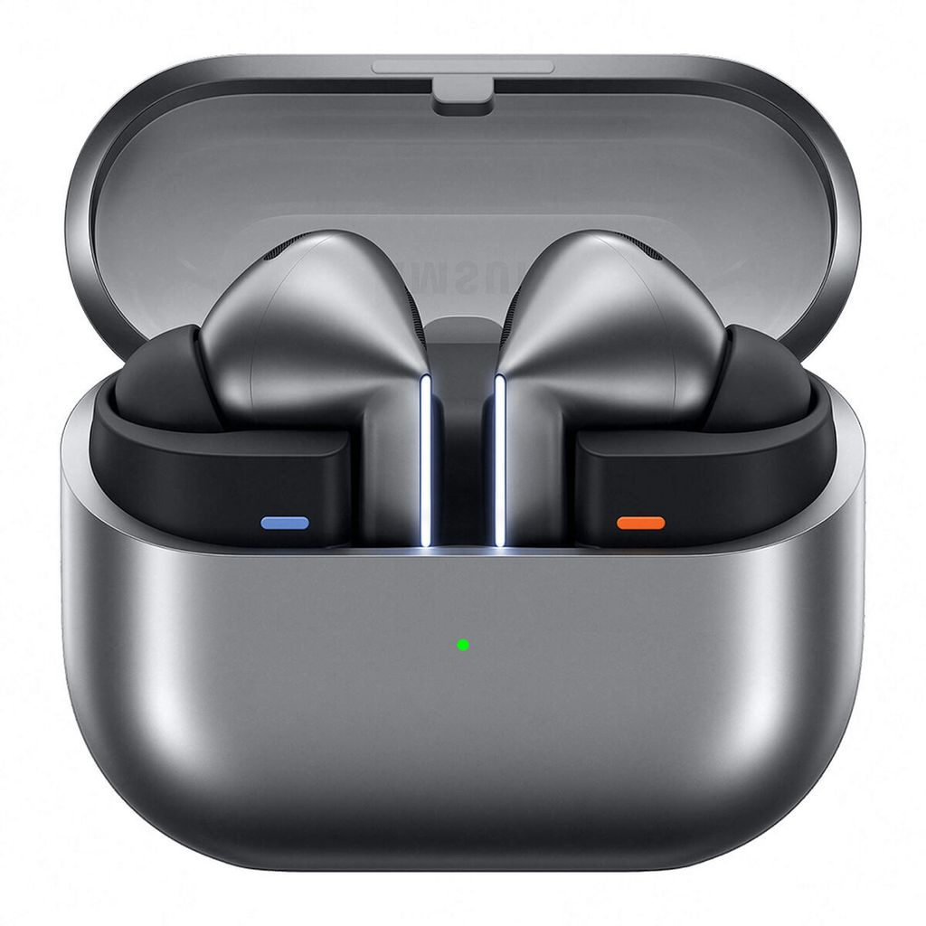 A pair of graphite-colored wireless earbuds in their open charging case.