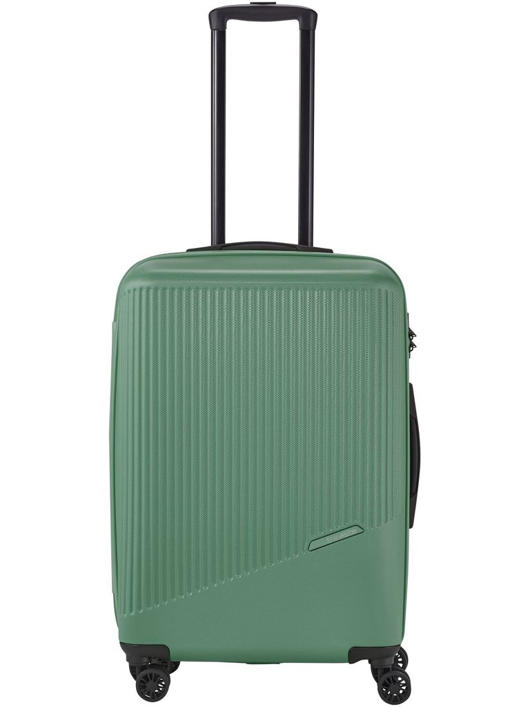 A green trolley suitcase with a black telescopic handle and wheels, presented against a white background.