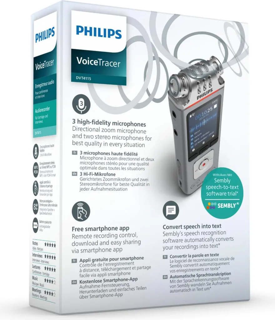 Dictaphone Philips DVT4115 avec Triple Micro et Écran Couleur Argenté