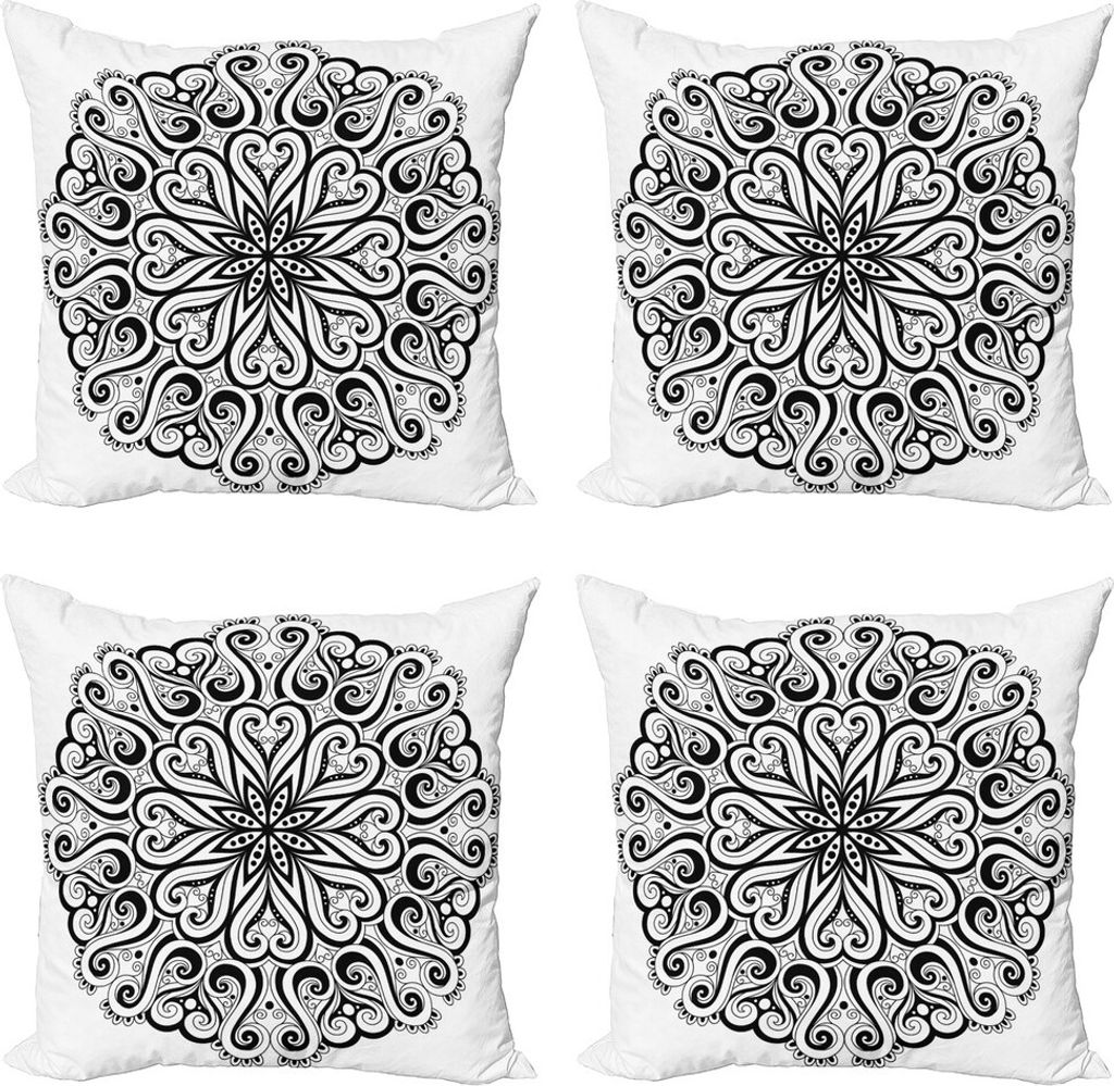 ABAKUHAUS Mandala Kissenbezug Set (4 Stück), Eastern Cosmos, Moderner Doppelseitiger Digitaldruck, 50 cm x 50 cm, Schwarz-Weiss