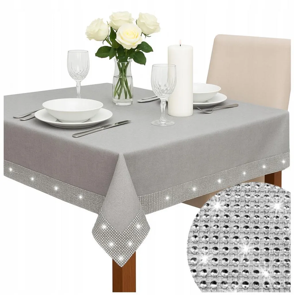 Tovaglia natalizia Sporcabile Grigio + Zirconi Argento Glamour 130x180