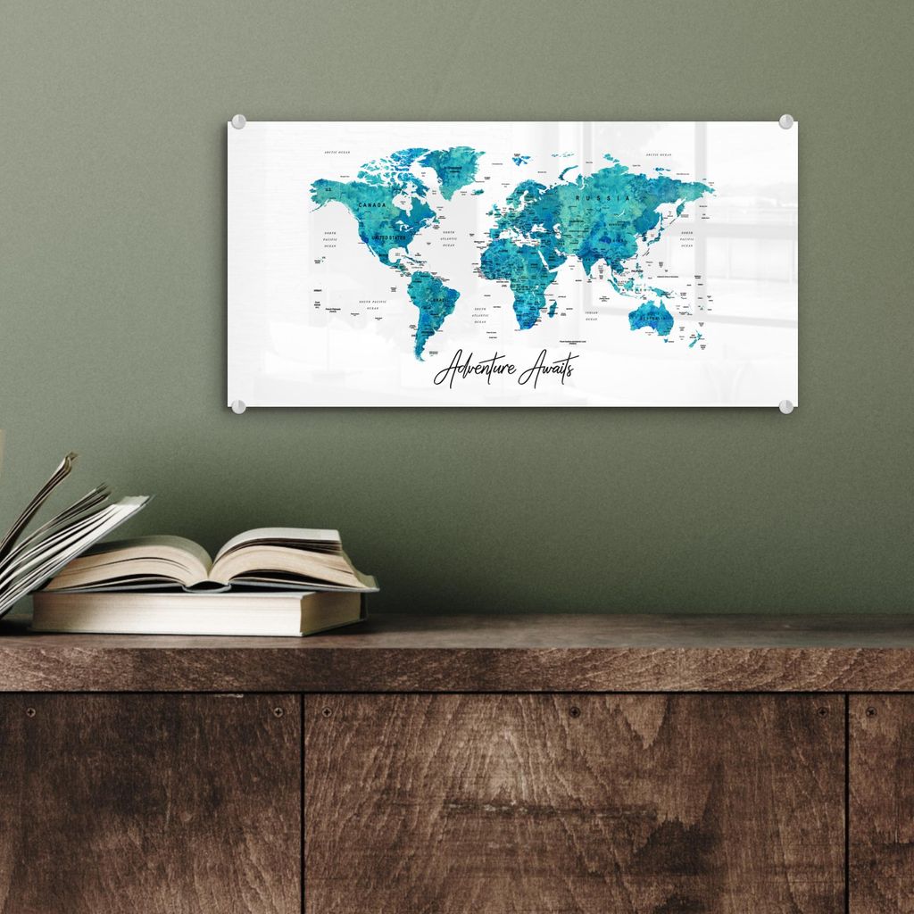 MuchoWow Glasbilder - Bilder auf Wandbild - Foto auf Glas Weltkarte - Blau - Farbenfroh 40x20 cm Wanddekoration aus Glas - Acrylglasbild - Acrylbil...