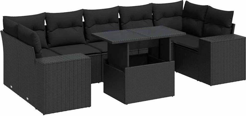 vidaXL 8-tlg. Garten-Sofagarnitur mit Kissen Schwarz Poly Rattan