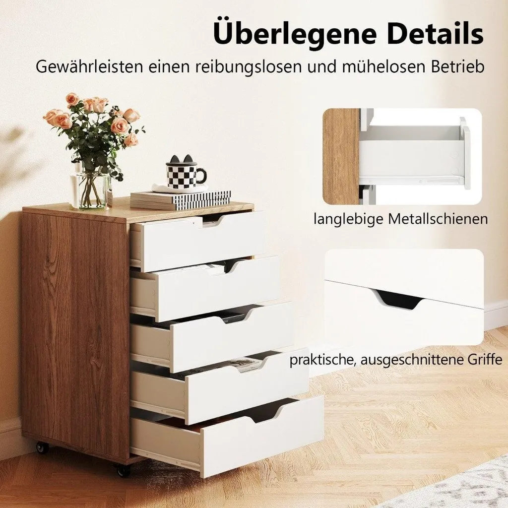 Caisson de bureau mobile 5 tiroirs, rangement dossiers à roulettes