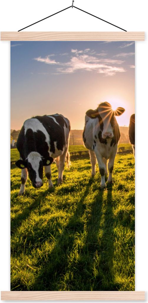 MuchoWow Textilposter Kuh - Gras - Sonne 60x120 cm mit holzfarbenen Rahmen - Holz