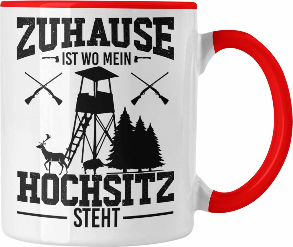 Trendation - Jäger Vater Geschenke für Männer Tasse Geschenkidee Vatertag Zuhause Ist Wo Mein Hochsitz Steht (Rot)