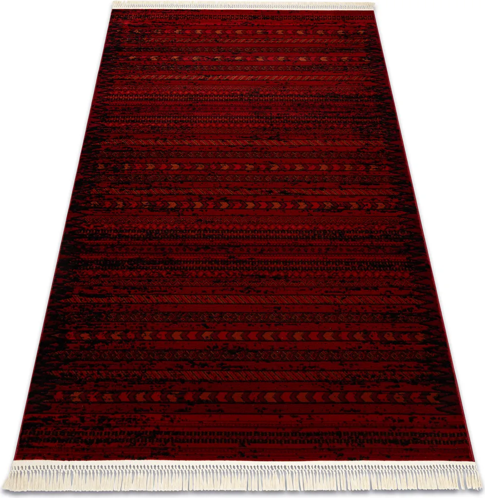 Tapis d'Orient 5820 bordeaux et noir à rayures et pompons 150x230 cm