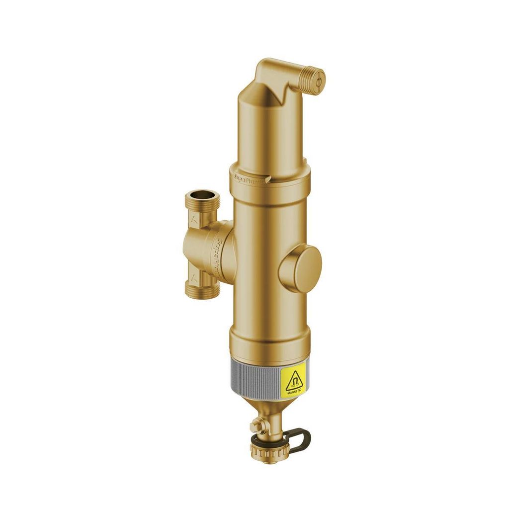 A brass plumbing fitting, likely a filter or separator, is shown against a white background.