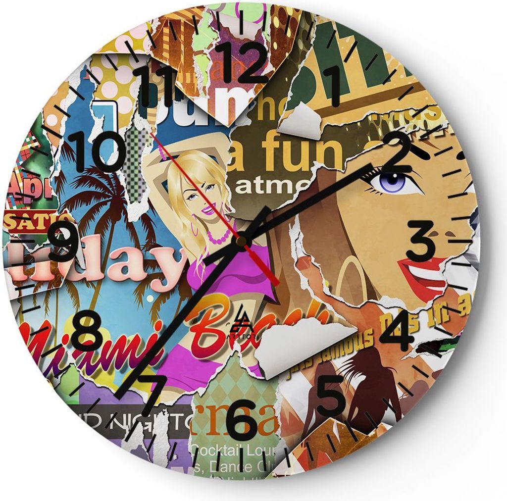 Wanduhr - Rund - Glasuhr - Graffiti modern - 30x30cm - Schleichendes Uhrwerk - Lautlos - zum Aufhängen bereit - Dekoration Modern - Wanddekoration...