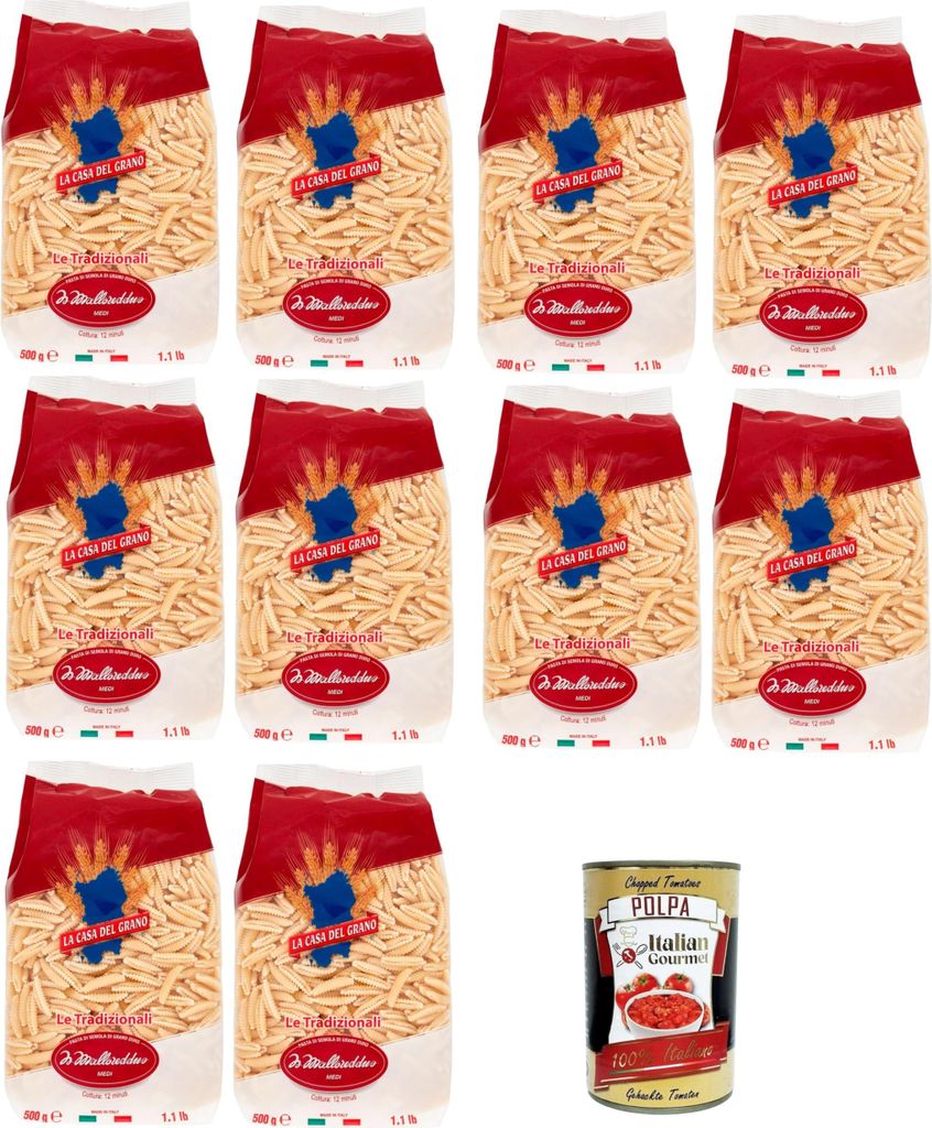 La Casa Del Grano Malloreddus medi Pasta di semola di grano duro medi Nudeln aus Hartweizengrieß 10x500gr + Italian Gourmet polpa 400g