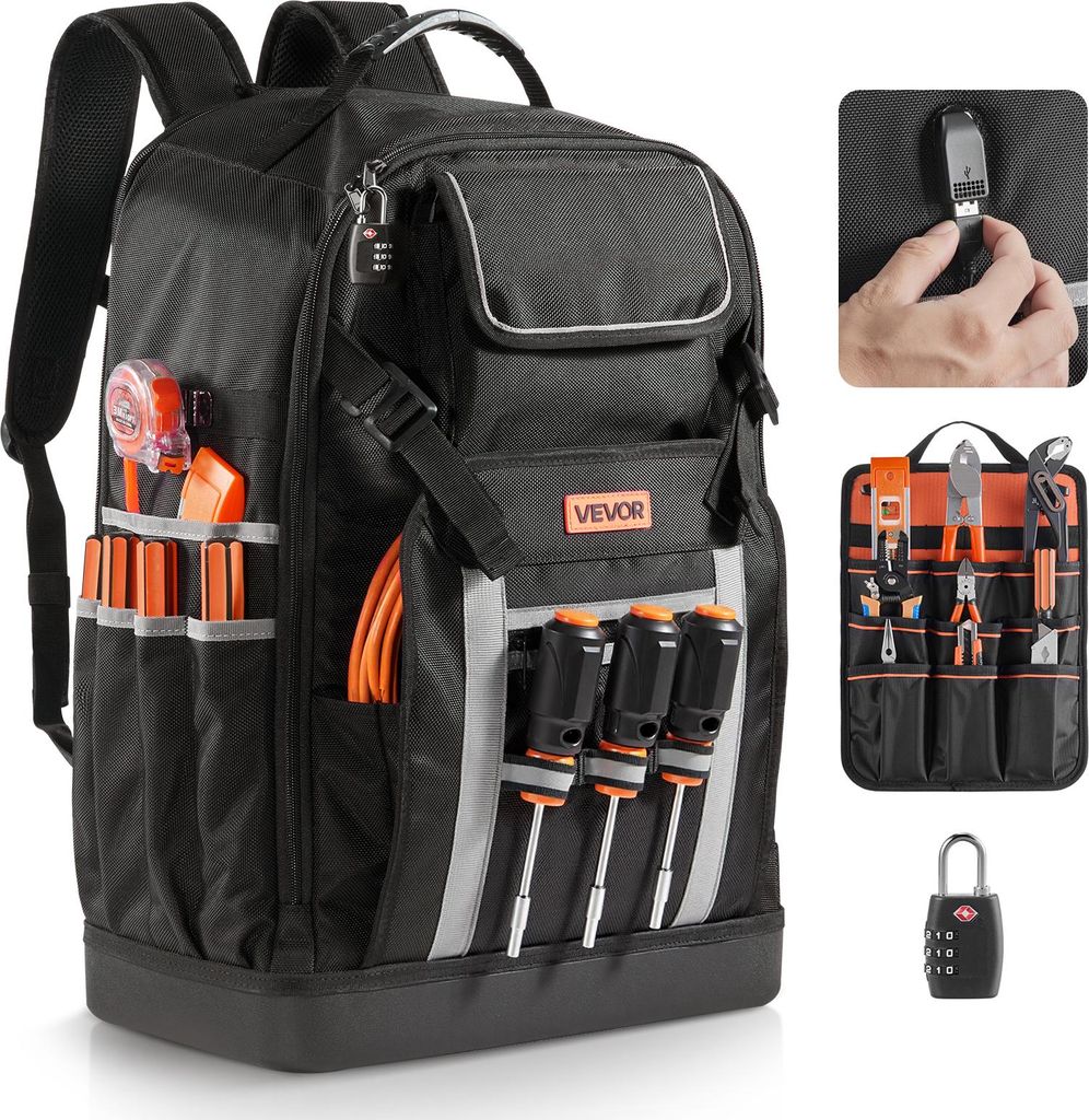 VEVOR Werkzeugrucksack, 56 Taschen, Werkzeug-Aufbewahrungstaschen mit geformtem Boden, Werkzeugtasche, Baustellenrucksack für Baustellen, Elektrik...