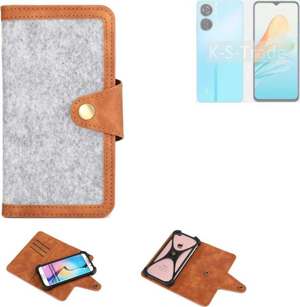 K-S-Trade Handyhülle kompatibel mit ZTE Axon 40 Lite Schutzhülle Filz-Hülle Kunst-Leder hellgrau braun (1x)