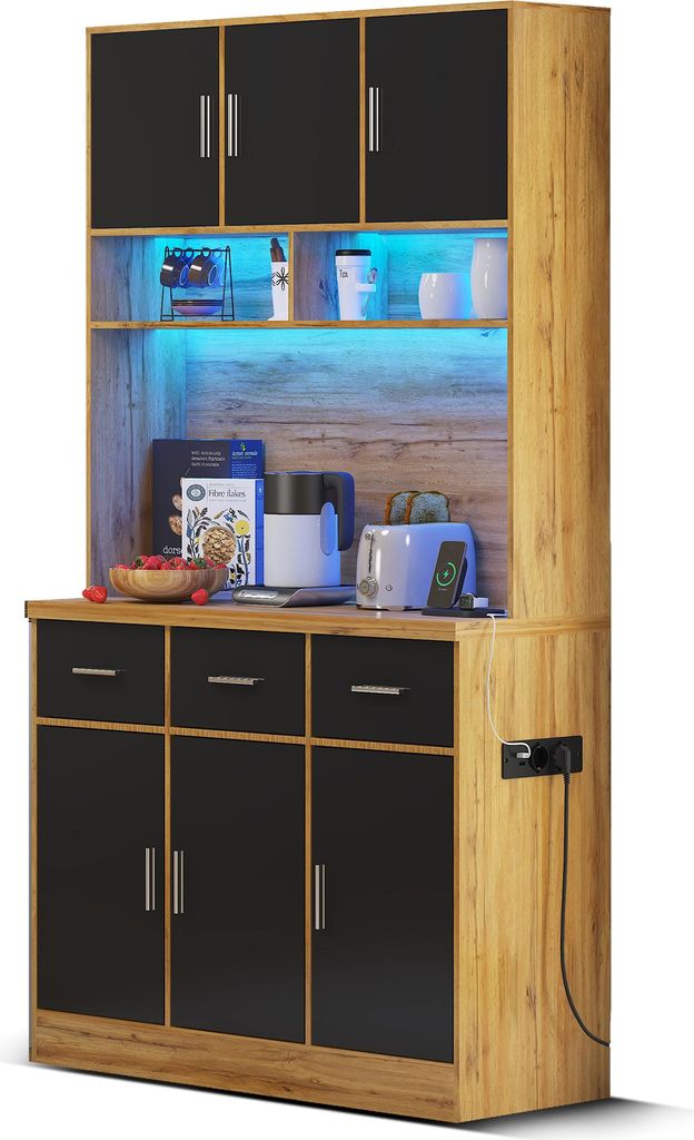 Multifunktionales Sideboard (100×40×180 cm) mit LED-Beleuchtung und App-Steuerung. Schubladen, verstellbare Einlegeböden und Steckdosen.