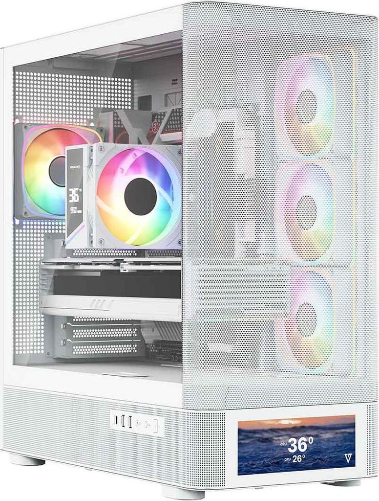 MODECOM VOLCANO AQ500, Weiß, Midi Tower PC Gehäuse, Glasfenster, 4 ARGB Lüfter, Controller, Mesh Design, passend für ATX und Micro-ATX