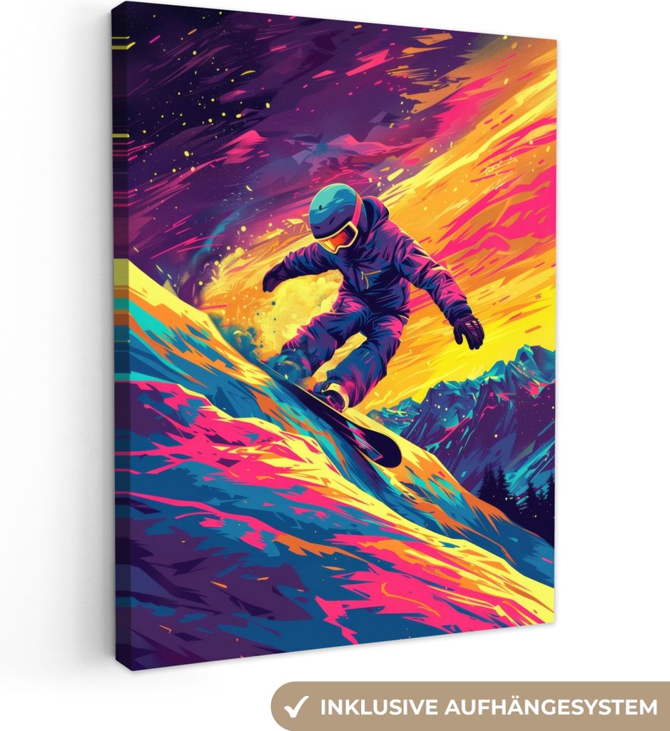 MuchoWow - Leinwandbilder - Snowboarding - Schnee - Farbenfroh, Wandbild, Wanddeko Bilder Wohnzimmer, 90x120 cm