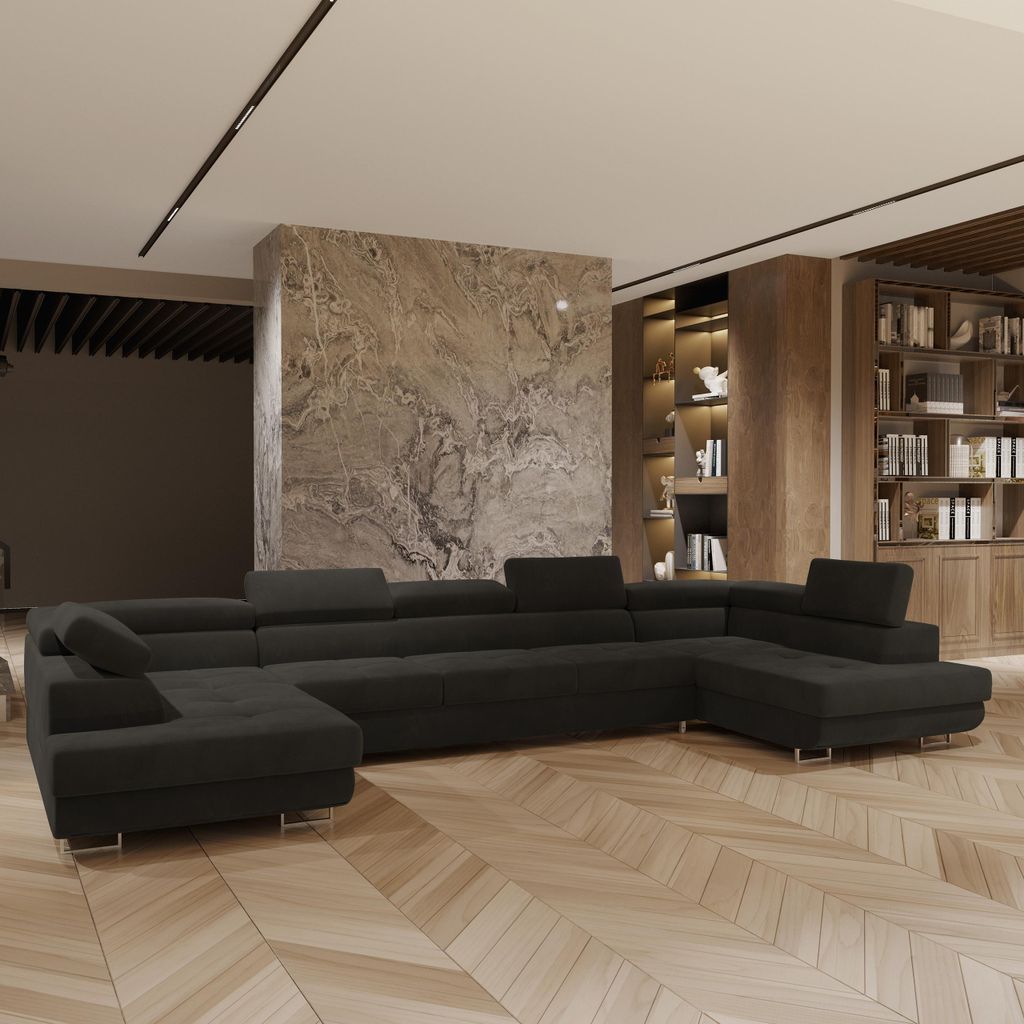 Masseno Ecksofa ISOLANO mit Schlaffunktion U-Form, Sofa mit Bettkasten, Wohnzimmersofa, Couch, Soffa, Bettsofa, Couchgarnitur- Schwarz, MONOLITH 95