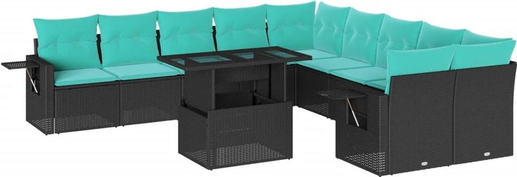 vidaXL 11-teiliges Gartensofa-Set mit Kissen, schwarzes Polyrattan