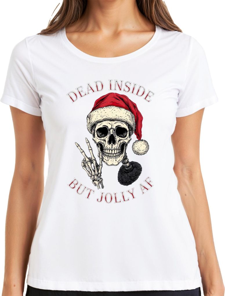 Dead Inside But Jolly AF Skelett Totenkopf Weihnachtsmütze Gothic Damen T-Shirt, Weiß, L