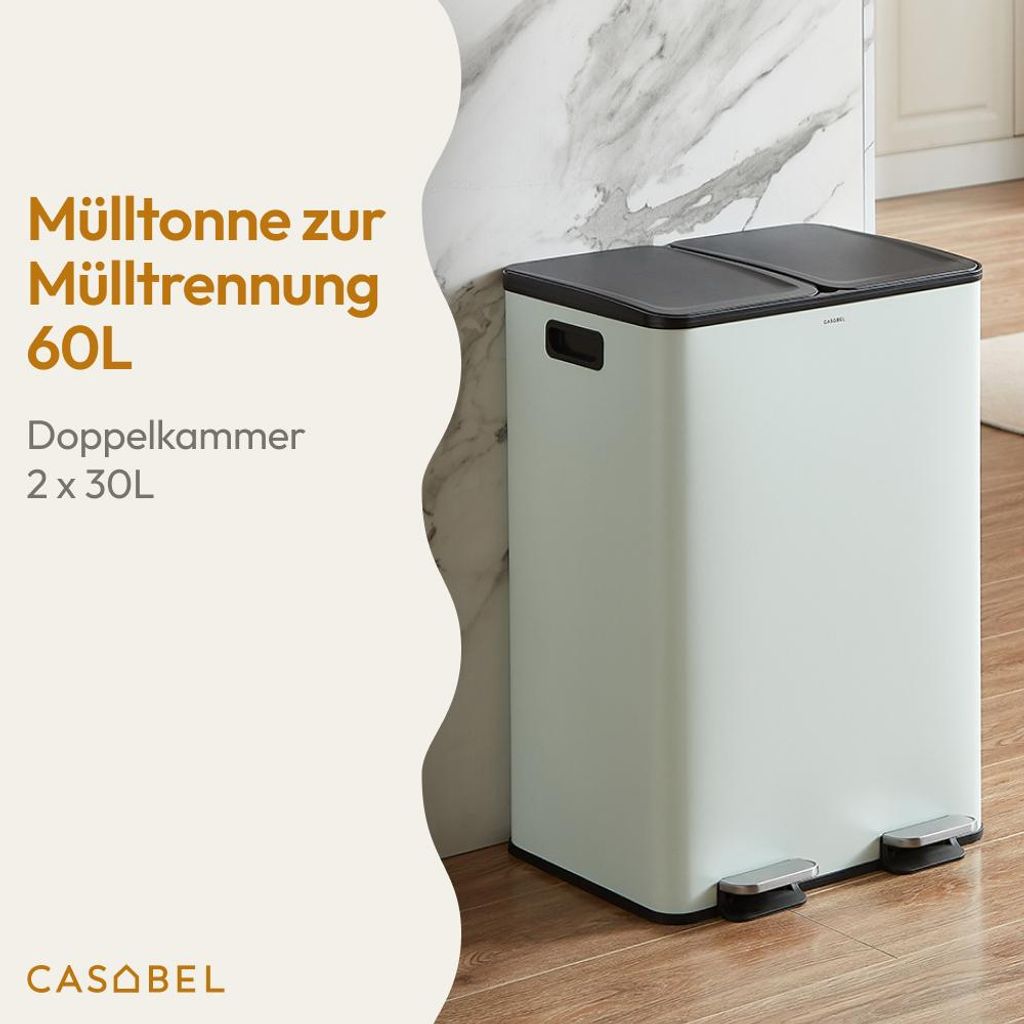 CASABEL Mülleimer Küche Mülltrennung 60L, 2x30L Doppelkammer mit Pedal, Edelstahl Mintgrün, Abfalleimer Küche 2 Fächer, Doppelmülleimer, Ger...