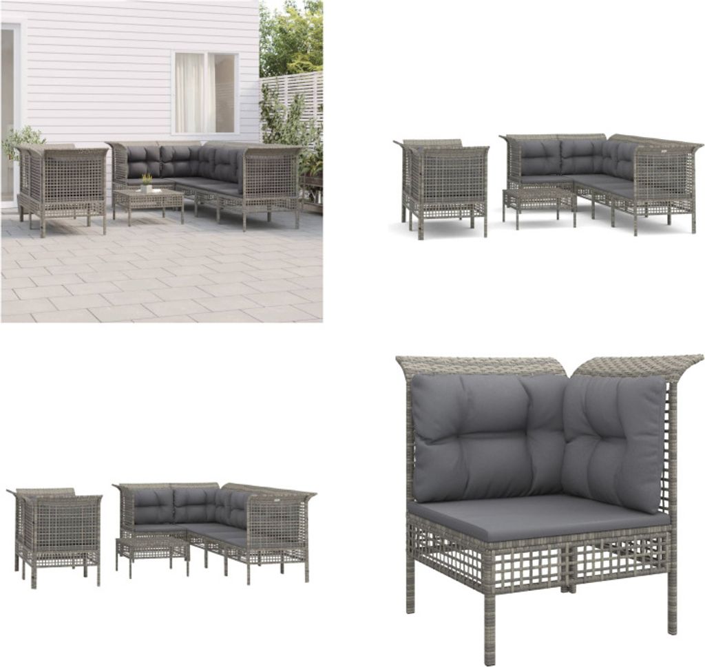 vidaXL 8 tlg. Garten Lounge Set mit Kissen Grau Poly Rattan - Garten Lounge Set - Garten Lounge Sets - Lounge Set - Gartenmöbel Set