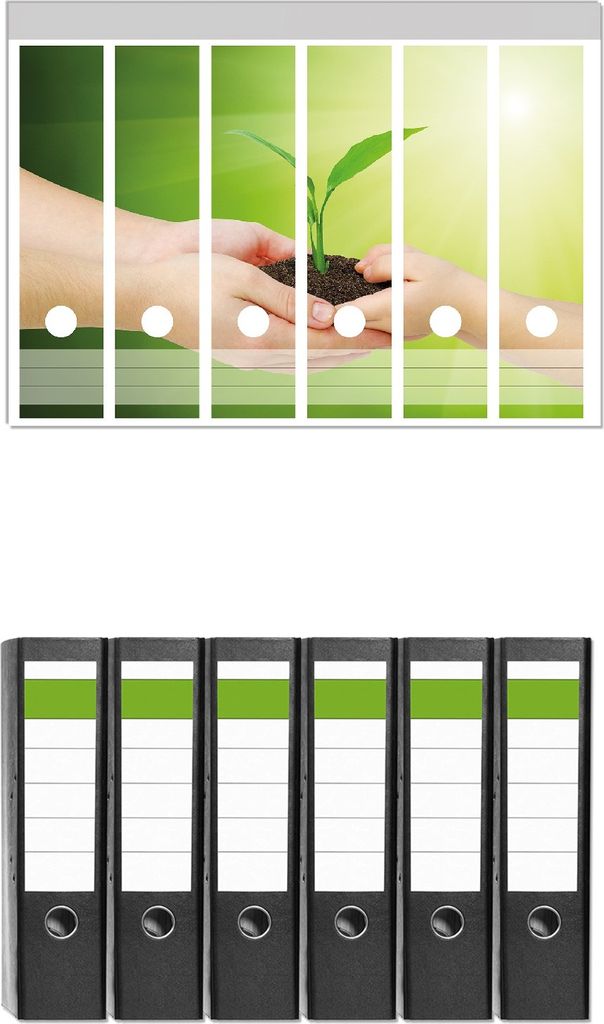 Wallario 6 Stück breite Ordner inkl. Klebeetiketten mit Motive Eine zarte Pflanze - von Hand zu Hand - Set mit Rückenschildern / Ordnerrücken S...